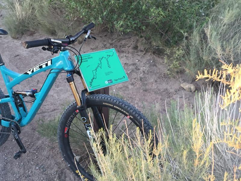 A turquoise mountain bike is parked next to a trail sign displaying a map of the biking route. The scene is surrounded by tall grasses and shrubs, with a sandy path in the background. High Desert Trail System mountain bike trail.