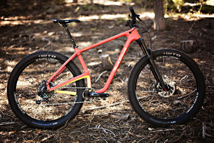 A bright orange mountain bike is placed on a soft, forested ground, showcasing its lightweight carbon frame and thick tires. The bike features a modern design with a front suspension fork, black handlebars, and a well-defined drivetrain. Pine trees and natural foliage are visible in the background, creating a tranquil outdoor setting.