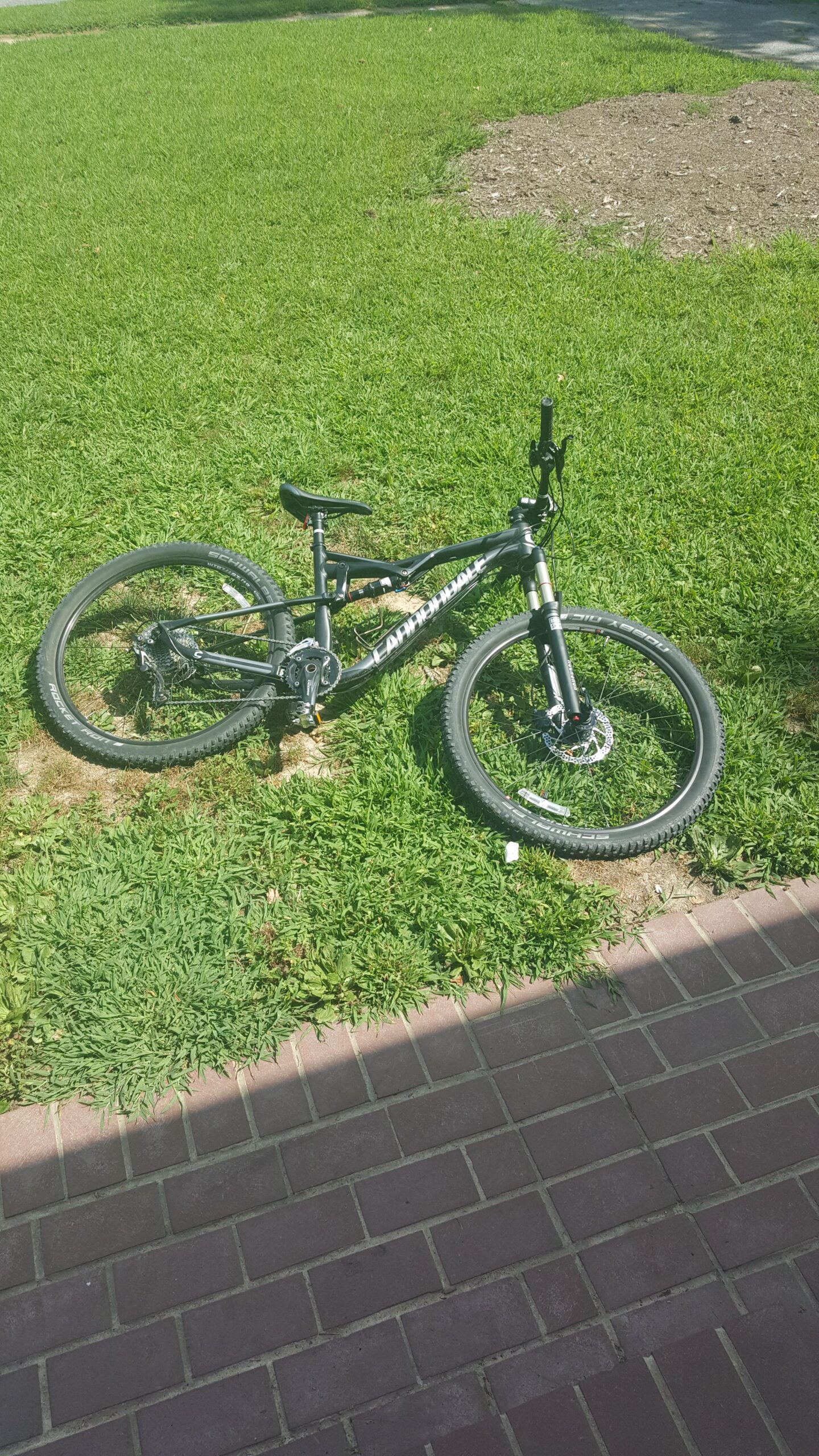 Cannondale Bad Habit: A black mountain bike lying on green grass beside a brick pathway. The bike appears to be in good condition, with visible tires and a gear system. The setting is outdoors, featuring a sunny day with clear visibility.