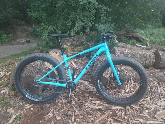 Trek farley 5: A bright blue Trek fat bike is standing on a bed of wood chips next to a log. The bike features wide tires suitable for rugged terrain and is set against a backdrop of green foliage in a natural outdoor setting. A bike pathway is visible in the background.