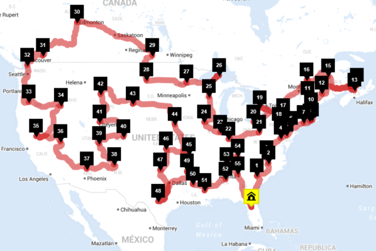 Map of North America with a highlighted route indicated by a red line, featuring numbered locations marked in black. The route appears to connect various cities across the U.S. and Canada, with the final destination marked by a yellow house icon in southern Florida.