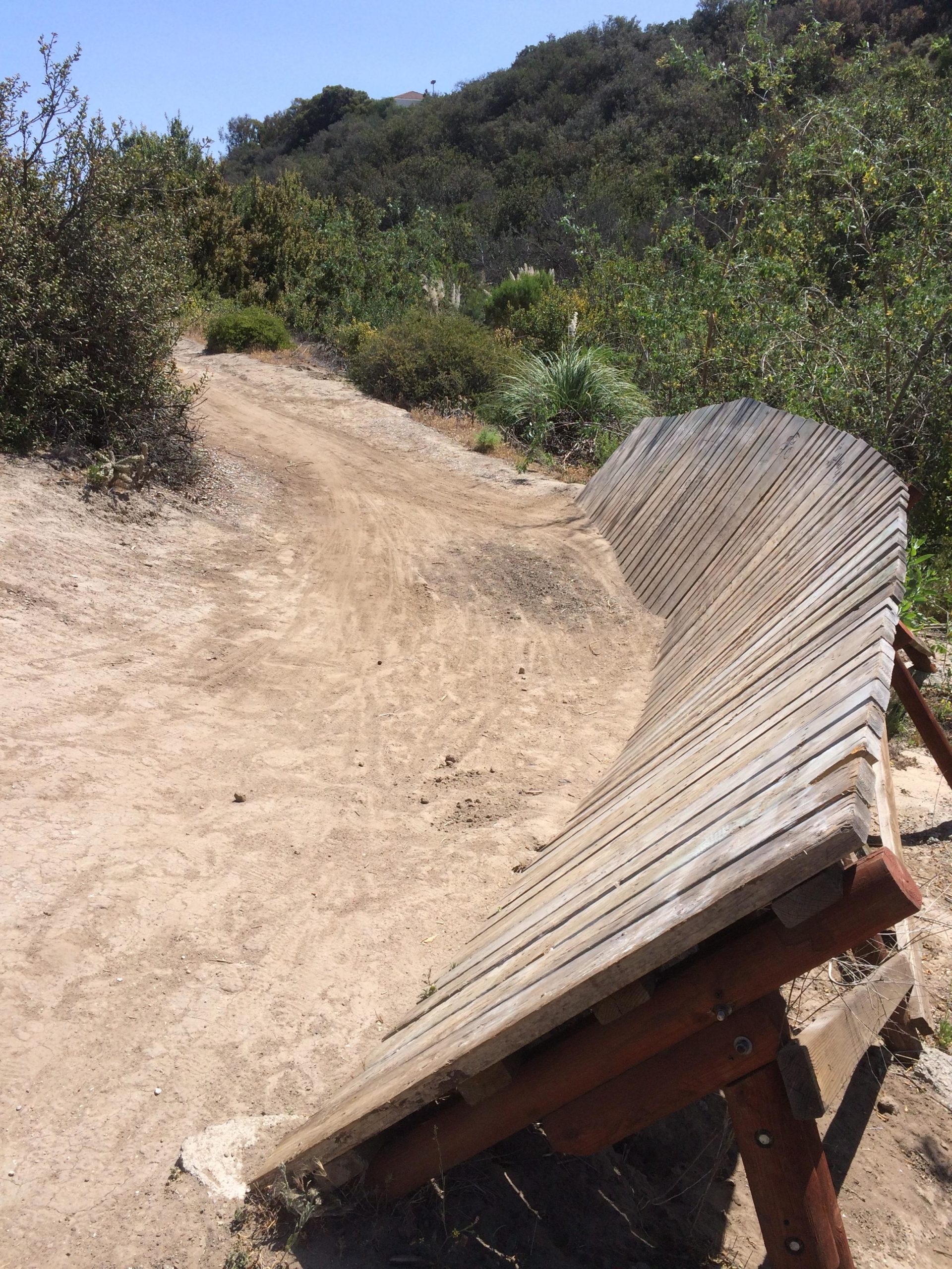 A winding dirt trail surrounded by greenery features a wooden ramp on the side, designed for biking or skateboarding. The sky is clear and blue, with a gentle incline leading up to a hill in the background. Snake Trail mountain bike trail.