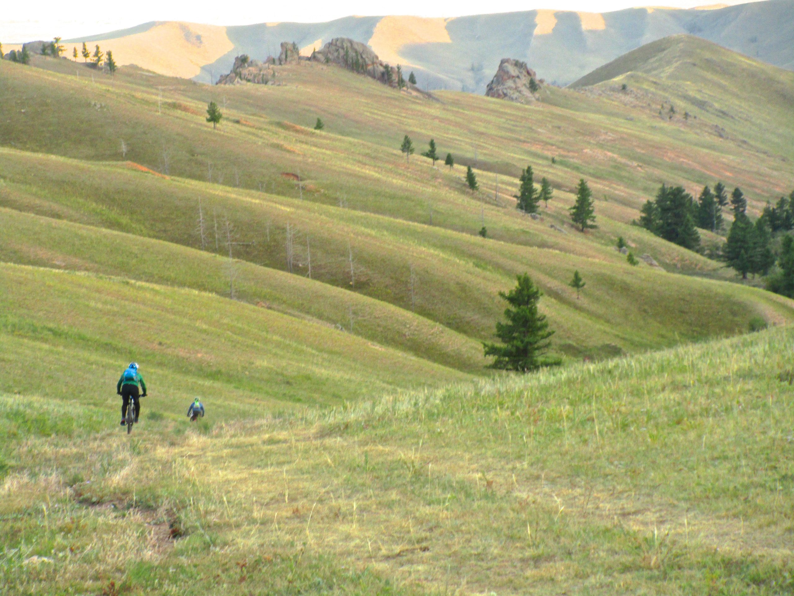 Two mountain bikers ride down a grassy hillside, surrounded by rolling green landscapes and sparse trees. The background features rocky outcrops and undulating hills under a soft, diffused light. Camel Run mountain bike trail.