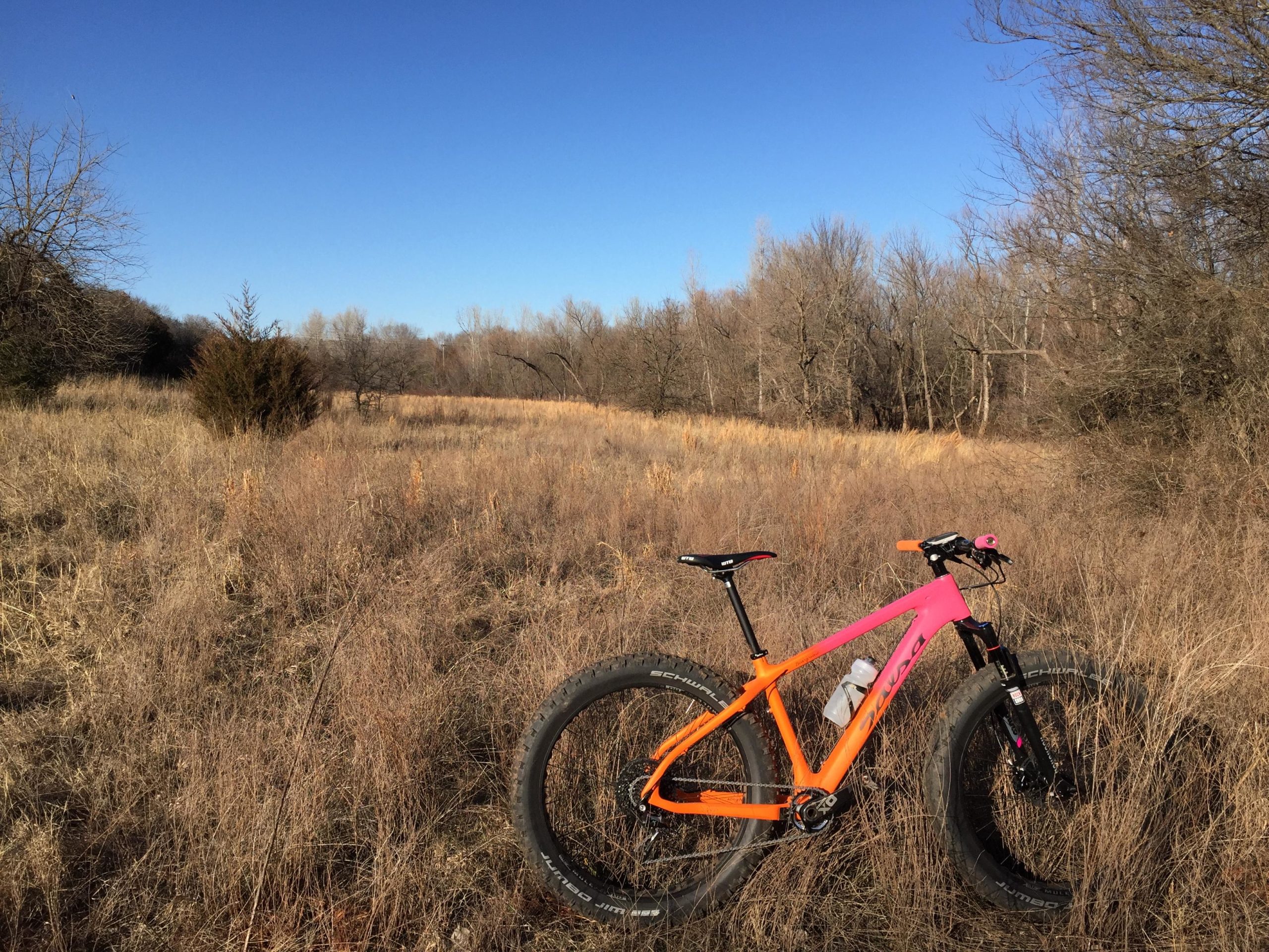 A colorful mountain bike in vibrant pink and orange colors is parked on a grassy area surrounded by sparse trees and underbrush. The background features a clear blue sky, indicating a bright, sunny day. Arcadia Laketrails mountain bike trail.