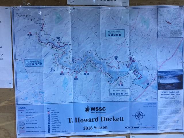 Map of T. Howard Duckett for the 2016 season, featuring trails, fishing areas, and parking locations. The map includes a legend for different symbols and a compass rose. Rocky Gorge Reservoir mountain bike trail.