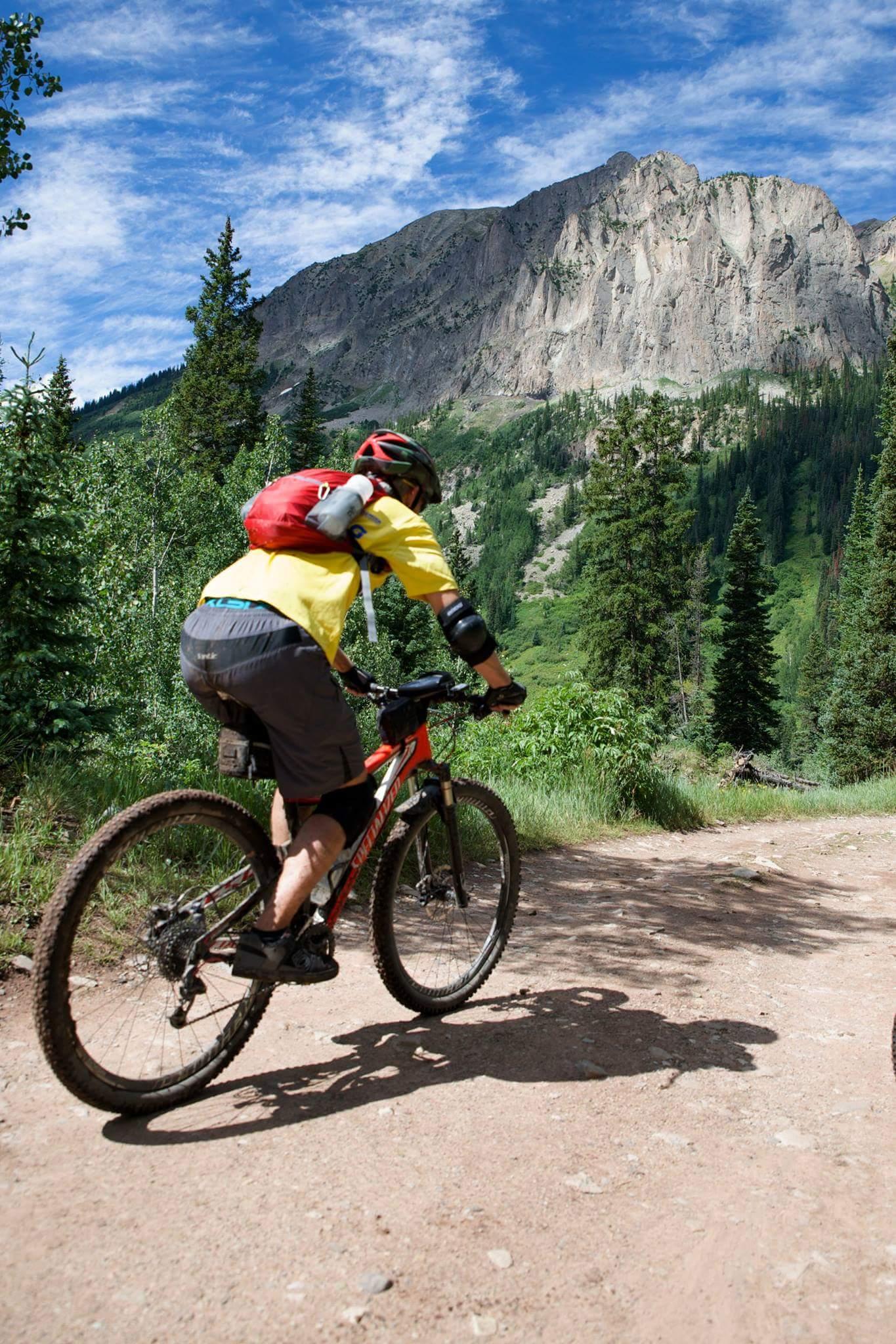 A mountain biker in a yellow shirt and red backpack rides along a dirt trail, surrounded by tall pine trees and a backdrop of steep, rocky mountains under a blue sky with scattered clouds. Trail 401 mountain bike trail.