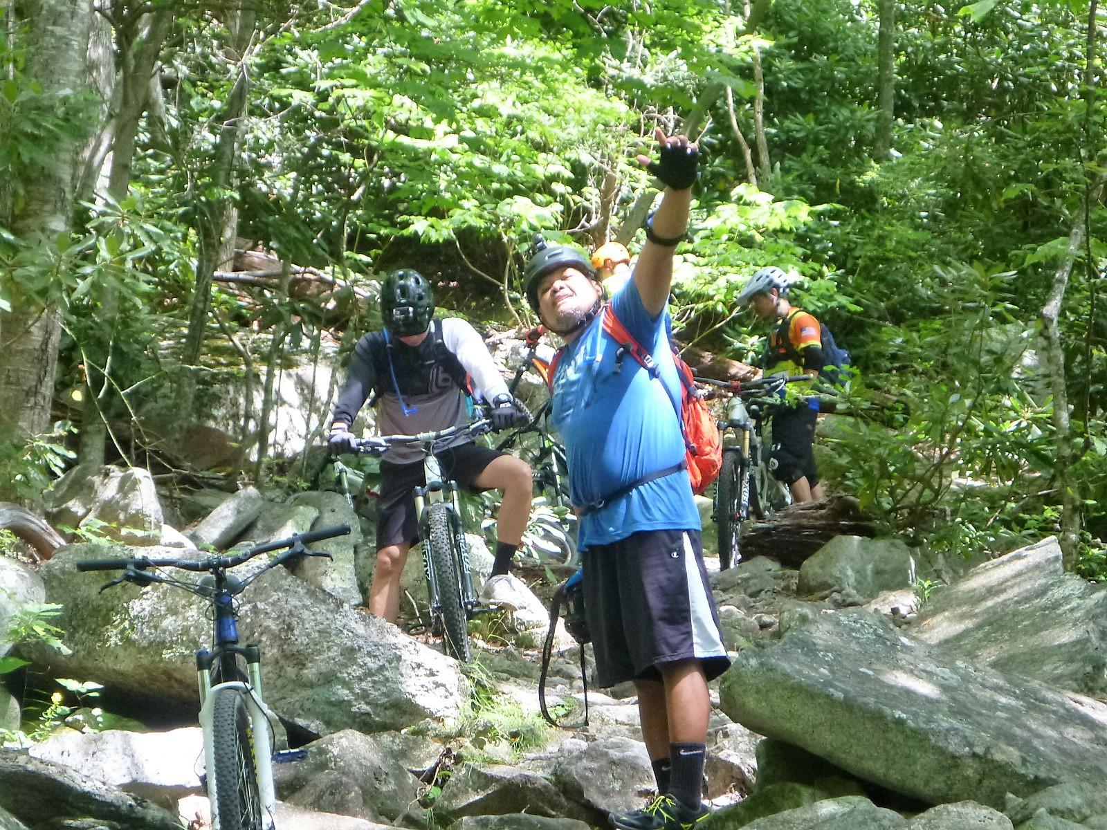 Three mountain bikers navigating a rocky trail in a dense forest. One biker, wearing a blue shirt and helmet, is enthusiastically pointing upwards, while the others adjust their bikes. Sunlight filters through the trees, illuminating the lush greenery surrounding the path. Laurel Mountain mountain bike trail.