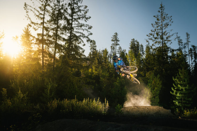 A mountain biker performing a mid-air trick over a dirt ramp, surrounded by tall trees and bathed in warm sunlight, with dust particles rising from the ground.