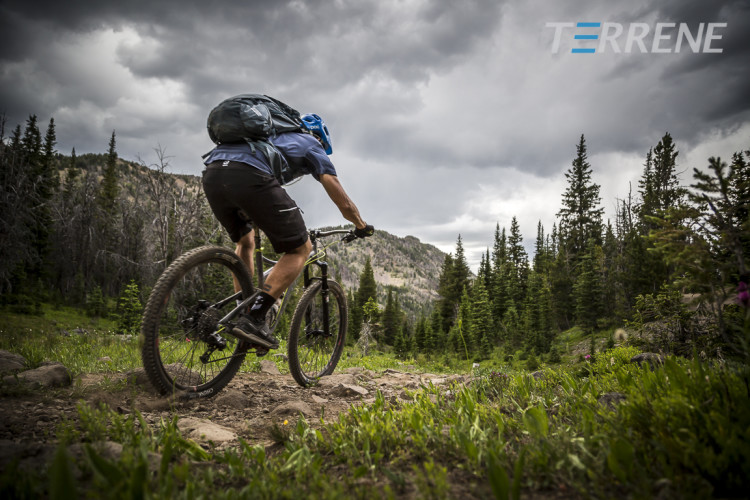 A mountain biker riding along a rocky trail surrounded by lush greenery and tall pine trees under a cloudy sky.