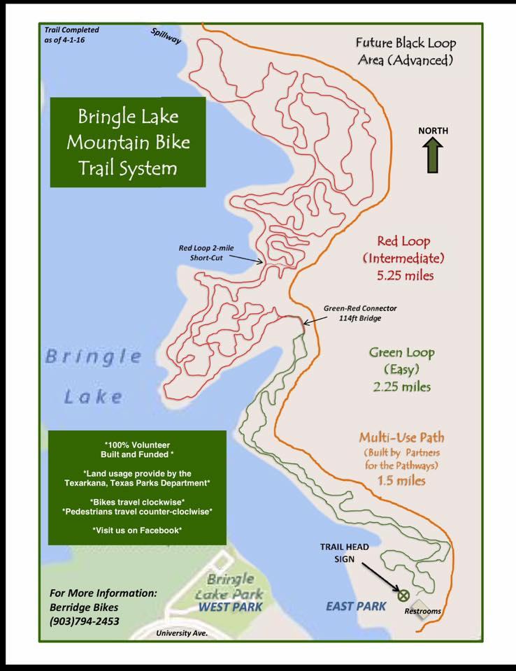 Map of the Bringle Lake Mountain Bike Trail System, featuring various bike trails including the Red Loop (5.25 miles, Intermediate), Green Loop (2.25 miles, Easy), and Multi-Use Path (1.5 miles). The map indicates the future Black Loop area, trail connections, and landmarks such as restrooms, trail head sign, and surrounding parks. Key details include directions for bike and pedestrian traffic and contact information for Berridge Bikes. Bringle Lake Mountain Bike Trail System mountain bike trail.