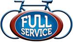 Logo featuring the text "FULL SERVICE" in bold white letters on a blue oval background, with a red border. Above the text, there is a simple illustration of a bicycle in blue outline.