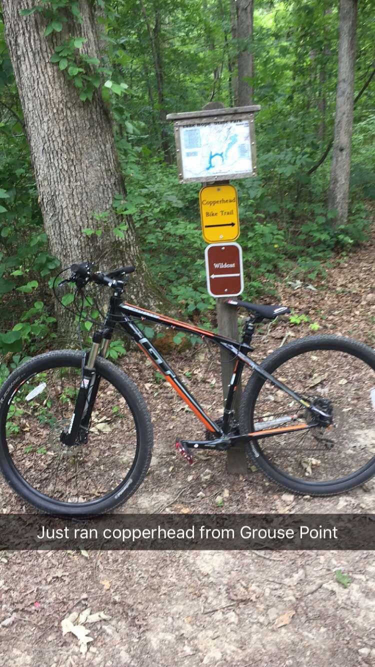 GT Backwoods: A mountain bike parked on a dirt path next to a sign for the Copperhead Bike Trail, surrounded by trees and foliage in a natural setting. The sign indicates directions for the Copperhead trail and another trail labeled "Wildcat."
