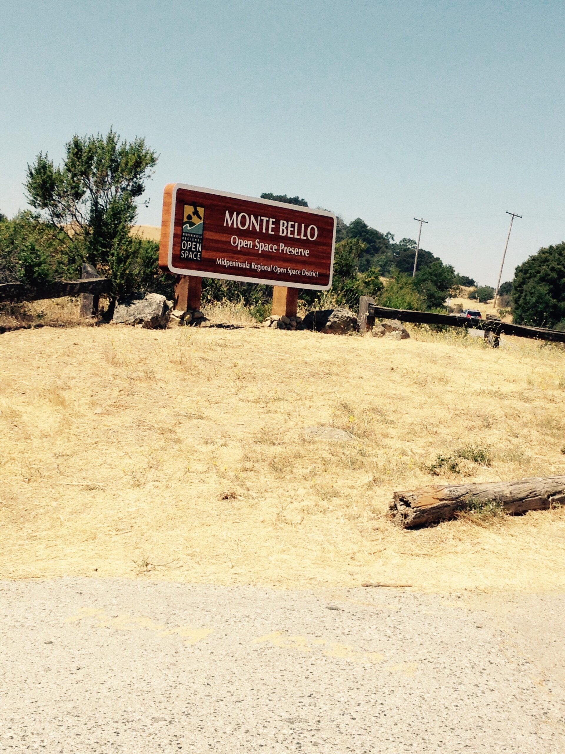 Sign for Monte Bello Open Space Preserve, surrounded by dry grasses and shrubs, with a clear blue sky overhead. The sign includes information about the preserve and the Midpeninsula Regional Open Space District. Monte Bello / Rancho San Antonio mountain bike trail.
