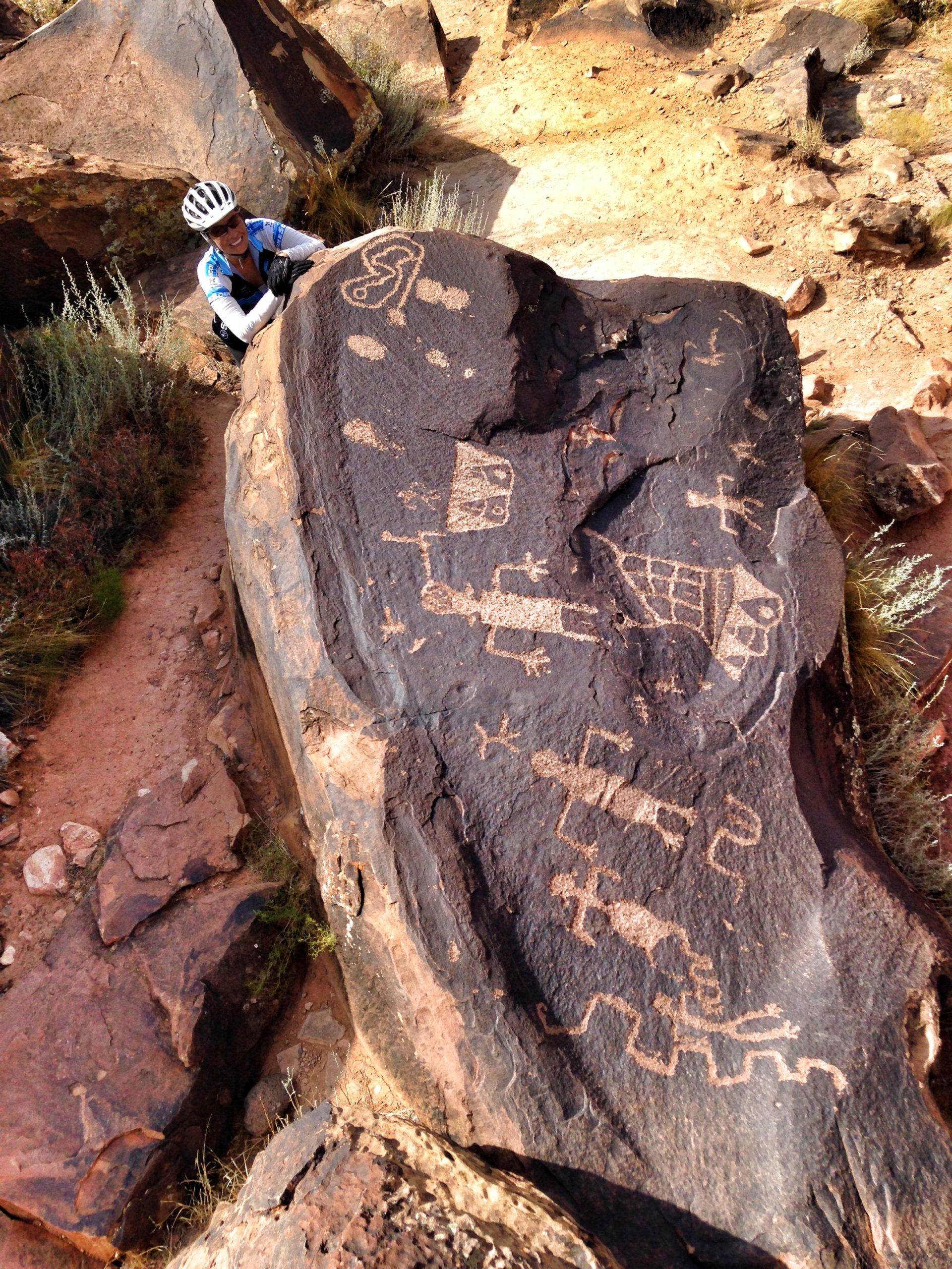 A person in a cycling outfit examines ancient petroglyphs carved into a large rock formation in a desert landscape. The petroglyphs depict various symbols and figures, including animals and abstract shapes, surrounded by dry grass and rocky terrain. Barrel Roll mountain bike trail.