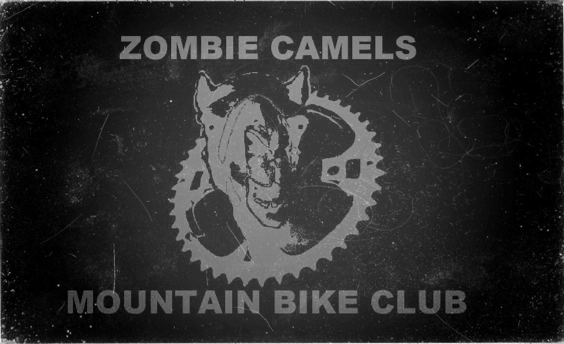 Logo design for "Zombie Camels Mountain Bike Club," featuring a stylized camel head with zombie-like features, surrounded by a bicycle gear motif. The text is prominently displayed in bold uppercase letters above and below the graphic. The overall aesthetic is gritty and monochromatic, suggesting a unique and edgy theme for the bike club.