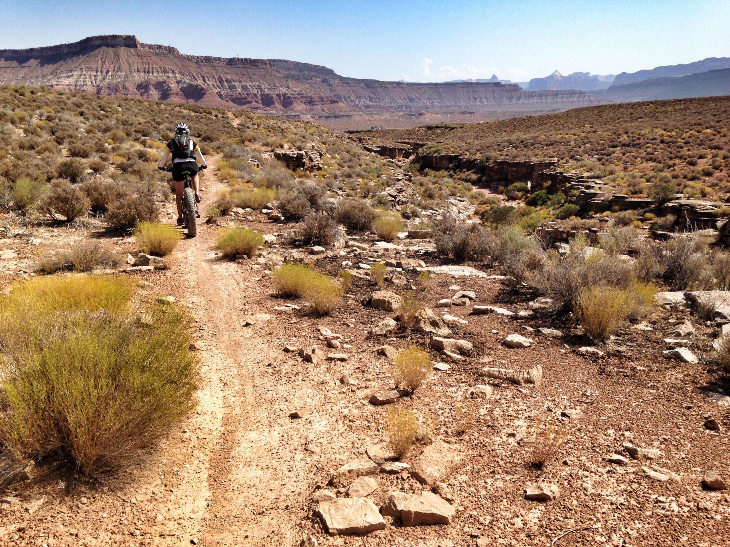A person riding a mountain bike along a dirt trail in a rugged, arid landscape featuring shrubs and rocky terrain, with cliffs and mountains in the background under a clear blue sky. J.E.M. Trail mountain bike trail.