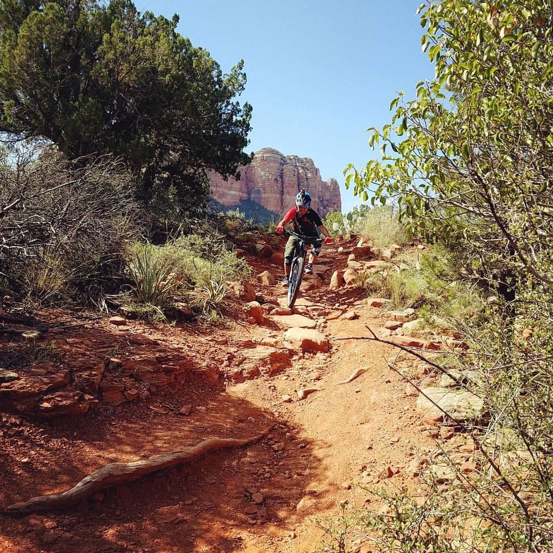 A mountain biker riding down a rocky, reddish dirt trail surrounded by shrubs and trees, with rock formations in the background under a clear blue sky. Llama Trail mountain bike trail.