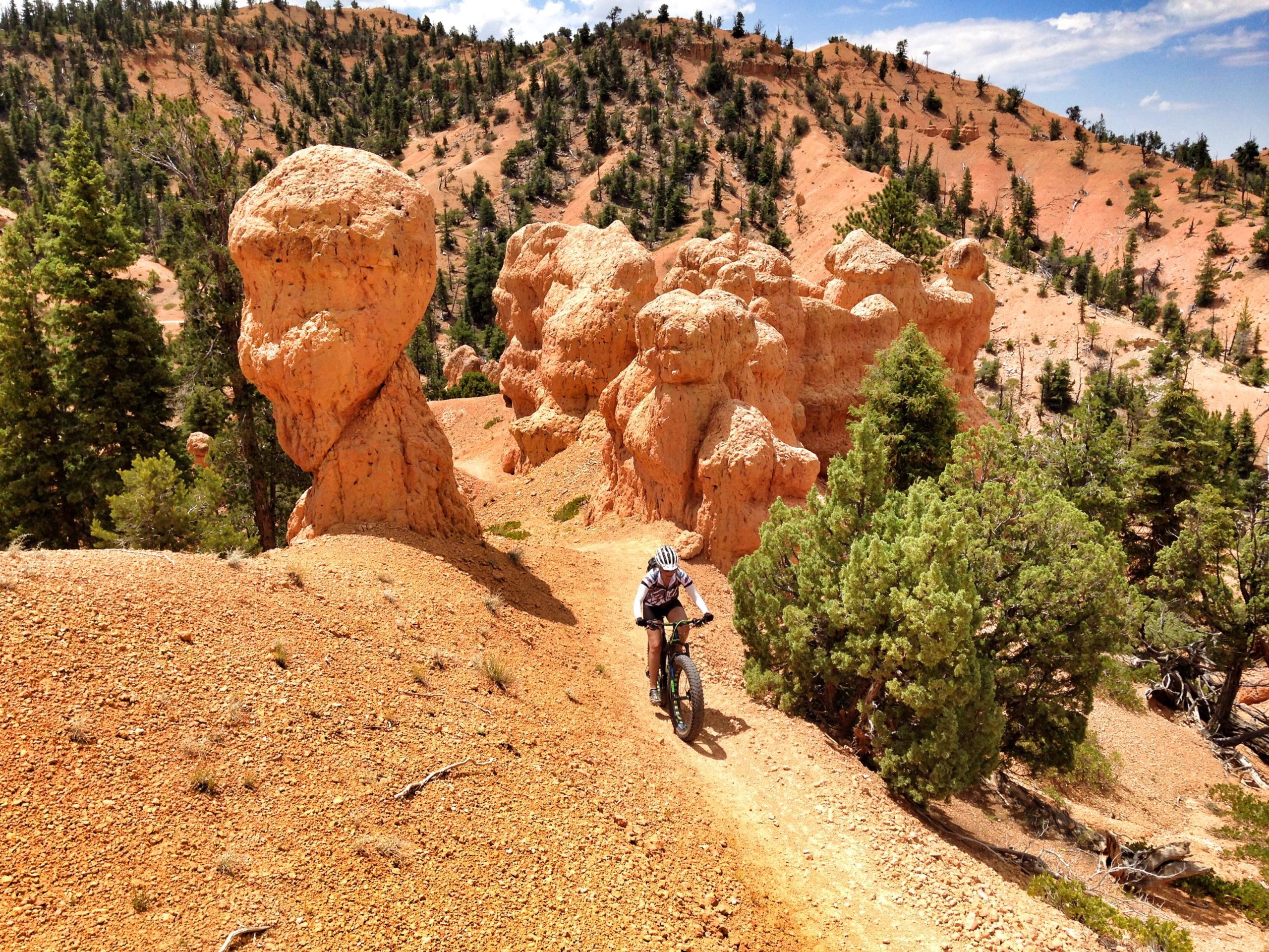 A mountain biker riding on a dirt trail through unique rock formations and pine trees, set against a backdrop of orange-hued hills and blue sky. The landscape features distinctive, weathered rock structures that resemble sculptures. Thunder Mountain mountain bike trail.