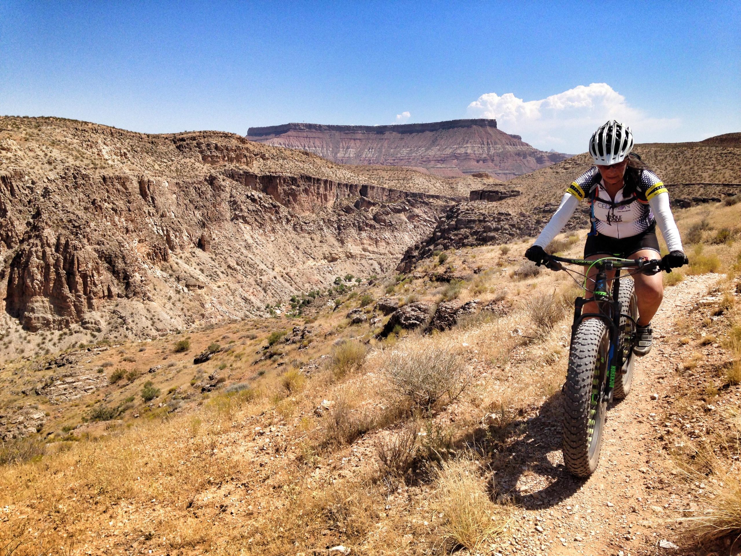A cyclist navigating a rugged dirt trail in a desert landscape, with rocky cliffs and a blue sky in the background. The cyclist is wearing a helmet and cycling gear and riding a fat bike on a sunny day. Sagebrush and dry grass are visible along the trail. J.E.M. Trail mountain bike trail.