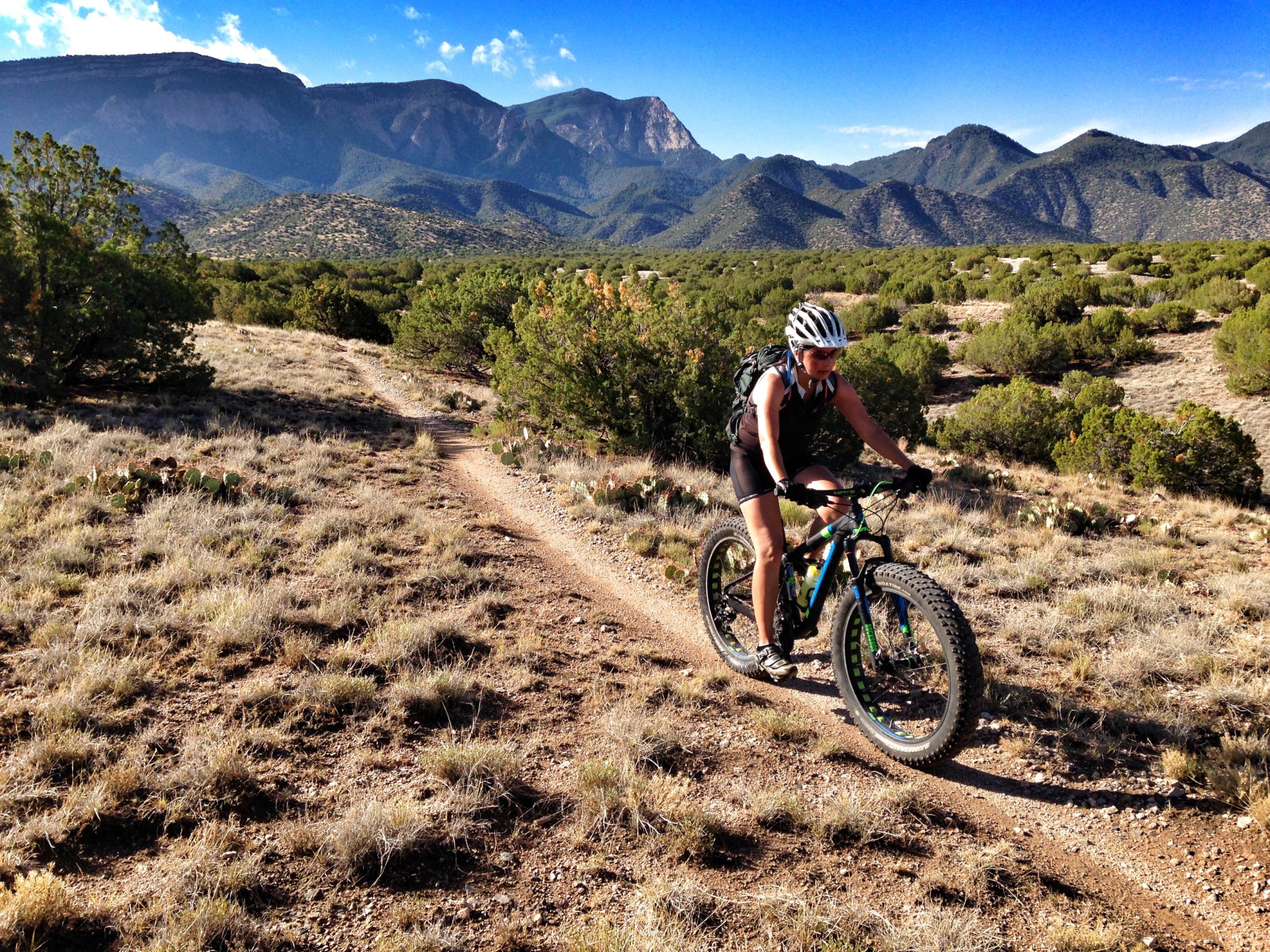 A cyclist riding a fat tire bike along a dirt trail in a mountainous landscape, surrounded by shrubs and sparse grass. The background features rolling hills and mountains under a clear blue sky. Rhythm (AKA Bootleg) mountain bike trail.
