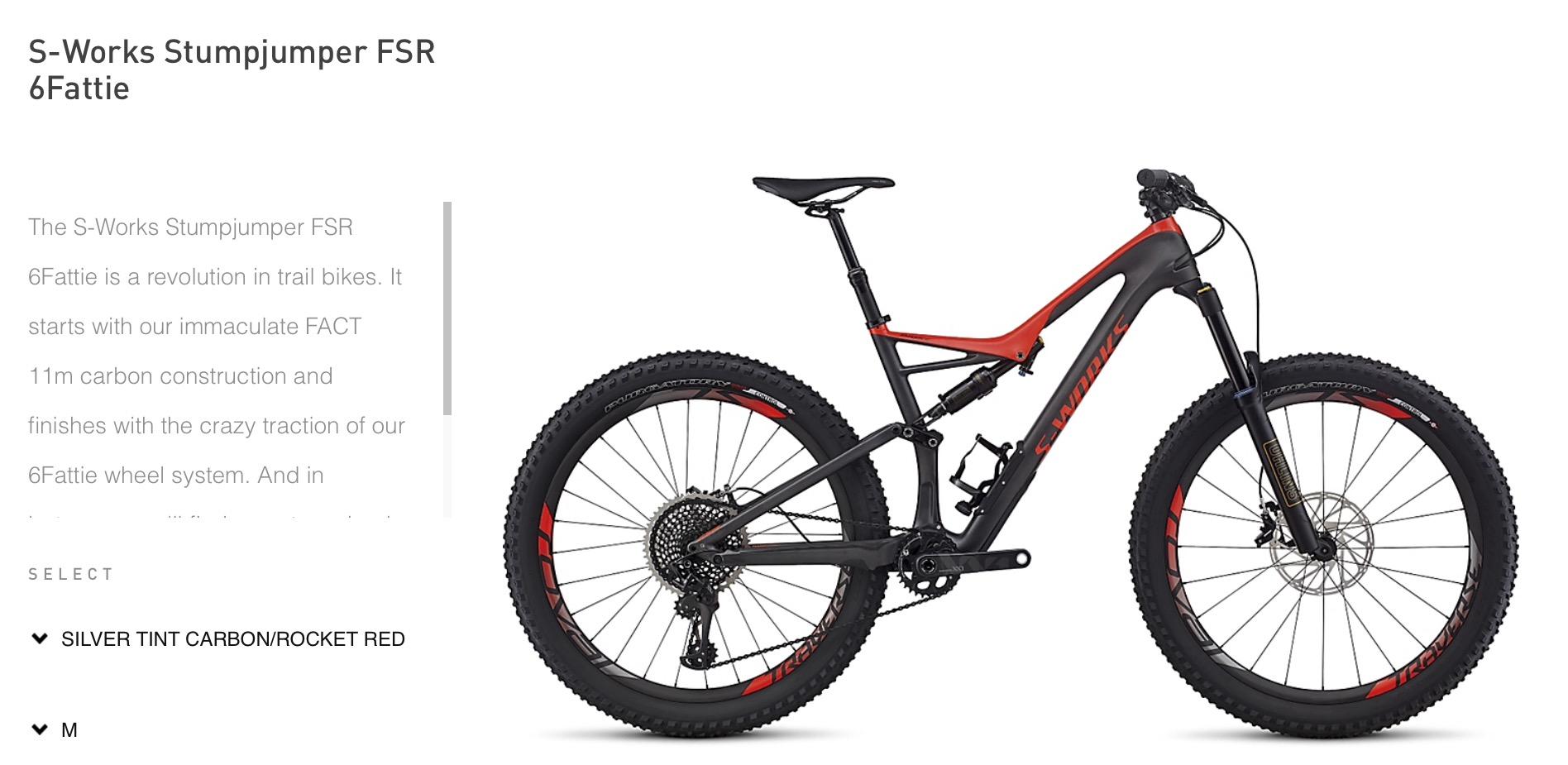 Specialized Stumpjumper FSR 6Fattie: Alt text: "S-Works Stumpjumper FSR 6Fattie mountain bike in silver tint carbon and rocket red, showcasing its sleek design and robust tires."
