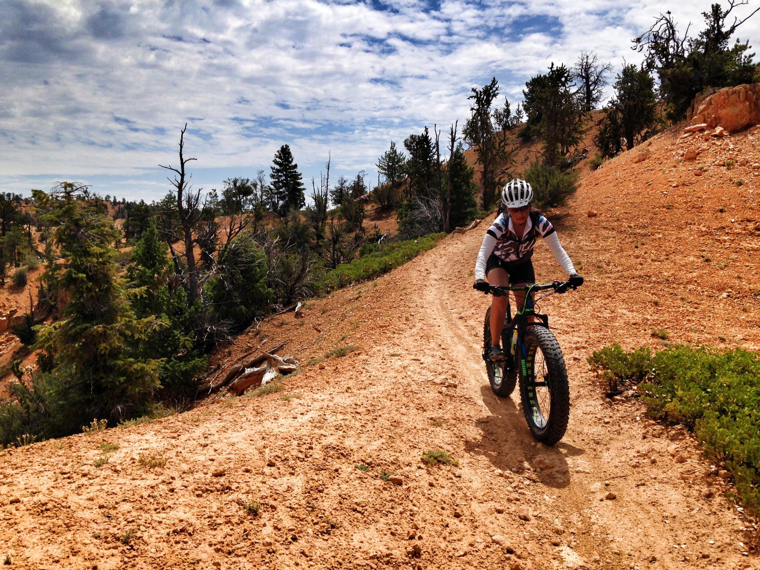 A cyclist riding a fat bike on a dirt trail surrounded by trees and a rocky landscape under a partly cloudy sky. The terrain is uneven with patches of greenery. Thunder Mountain mountain bike trail.