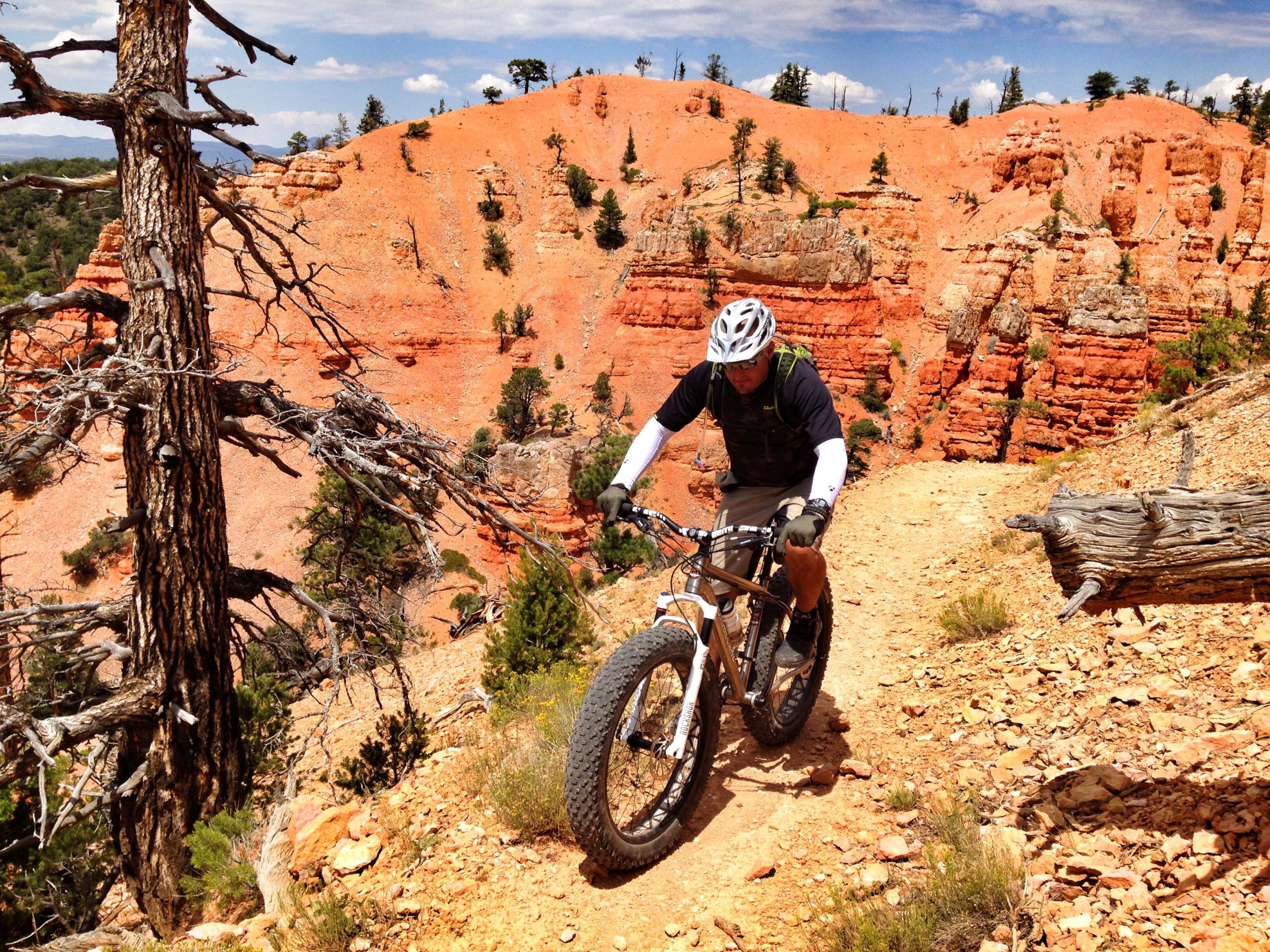 A mountain biker navigates a winding trail through a rocky, red landscape with sparse vegetation and trees. The scene showcases a vibrant blue sky with clouds in the background. Thunder Mountain mountain bike trail.