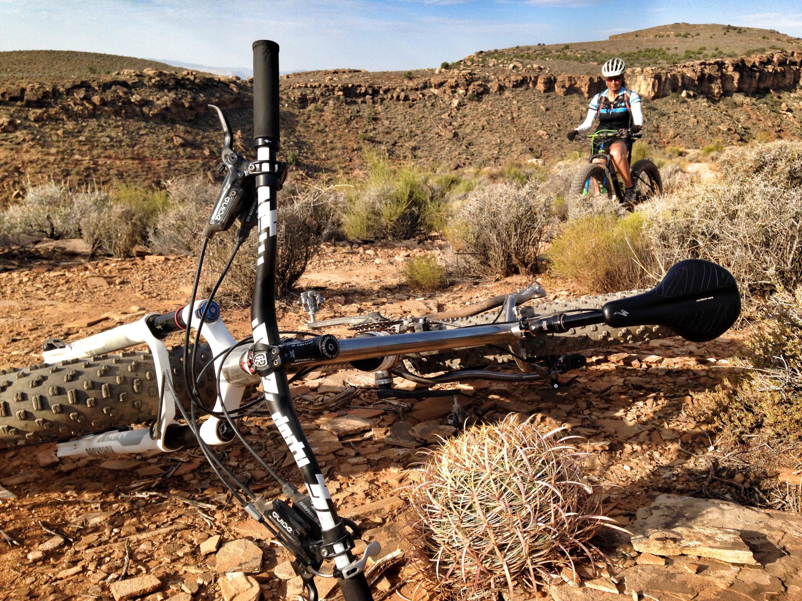 A mountain bike lying on rocky terrain with a large cactus nearby, while a cyclist in a helmet and outdoor gear sits on another bike in the background, surrounded by desert vegetation and cliffs. Barrel Roll mountain bike trail.