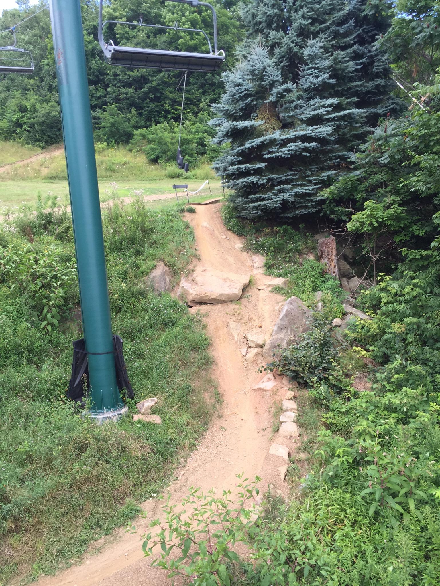 A dirt pathway winding through lush greenery, featuring a rocky section, near a ski lift pole. In the background, dense trees surround the area, creating a natural outdoor setting. Seven Springs mountain bike trail.
