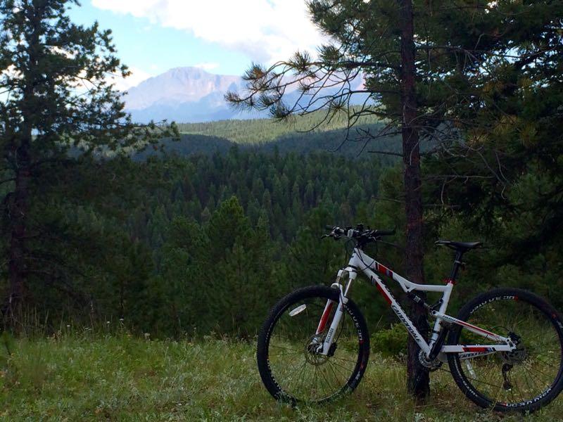 A mountain bike leaning against a tree with a scenic view of a forested landscape and distant mountains under a partly cloudy sky. Lovell Gulch mountain bike trail.