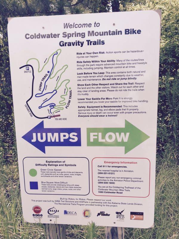 Sign at Coldwater Spring Mountain Bike Gravity Trails, providing safety guidelines and trail information. It includes a map indicating "Jump Trail" and "Flow Trail," and emphasizes riding at your own risk, safety equipment recommendations, and the importance of helmet use. The sign also features difficulty rating explanations and emergency contact information. Coldwater Mountain mountain bike trail.