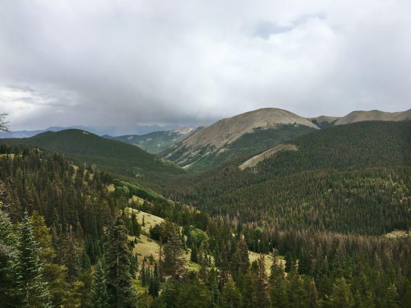 A panoramic view of rolling green hills and mountains under a cloudy sky, showcasing a lush landscape dotted with trees and distant peaks. Monarch Crest Trail mountain bike trail.