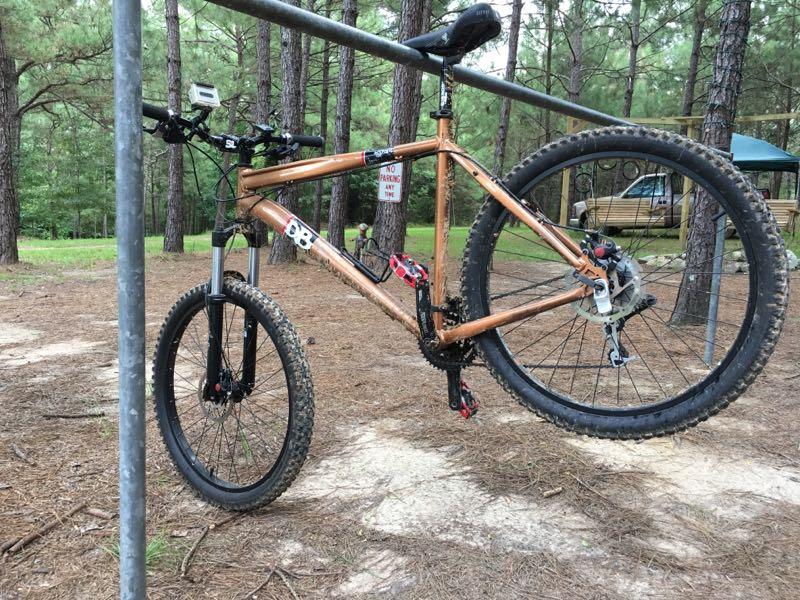 A mountain bike hanging from a metal railing in a wooded area, with a clear background of trees and a picnic area. The bike features a brown frame, black tires, and red pedals. A "No Parking" sign is visible in the background, adding context to the setting. Mt. Zion Bike Trails mountain bike trail.