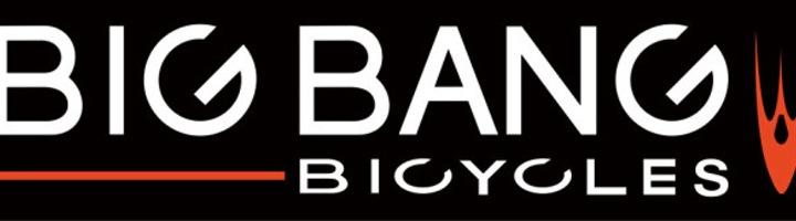 Logo for "Big Bang Bicycles," featuring bold white text and a stylized flame graphic, set against a black background. The design emphasizes an energetic and dynamic aesthetic, suitable for a bicycle brand.