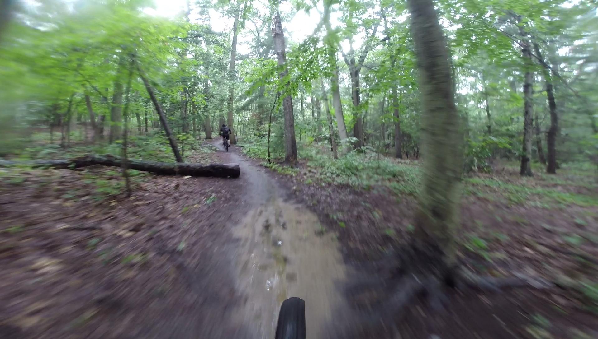 A mountain biker riding on a muddy trail through a lush, green forest, with trees and foliage surrounding the path. The image captures a sense of motion and adventure, with the bike's tire visible in the foreground and a blurred background indicating speed. Huber Woods mountain bike trail.