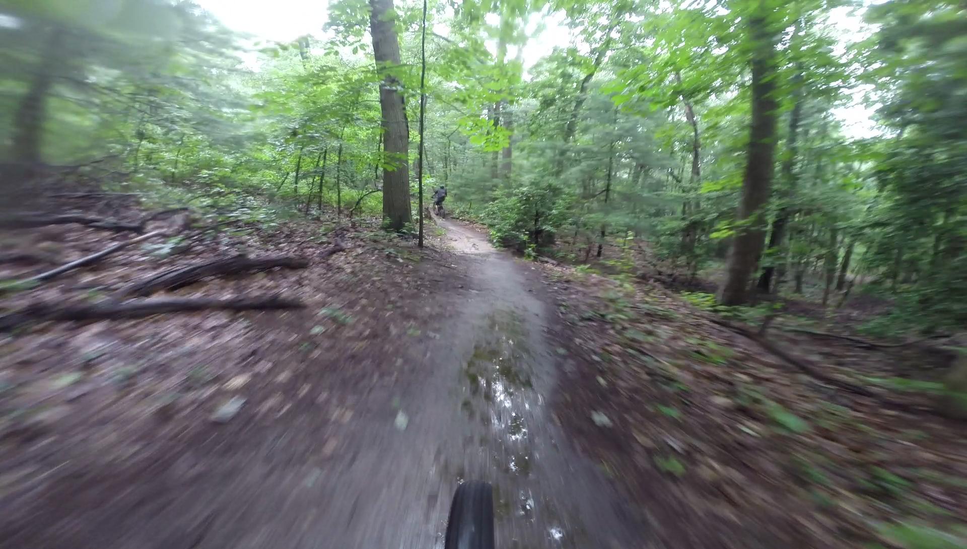 A close-up view of a mountain bike tire on a muddy trail winding through a dense green forest. The image captures the motion of biking, with trees and foliage blurred in the background, suggesting speed and an outdoor adventure. Huber Woods mountain bike trail.
