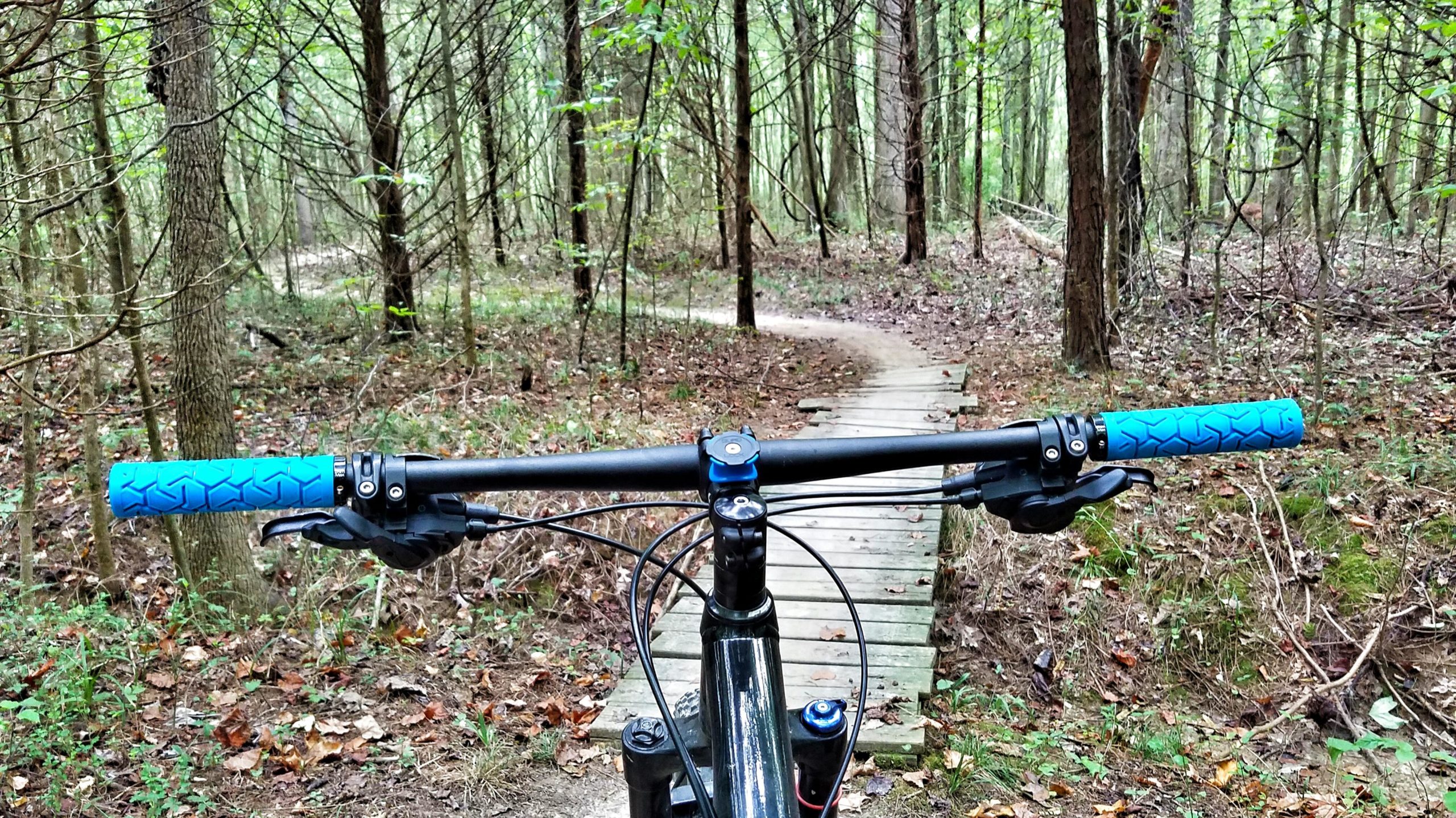 Mountain bike handlebars viewed from the rider's perspective, with vibrant blue grips. In the background, a winding trail leads into a dense forest of trees and foliage, with a wooden bridge crossing a small area of the path. The scene captures the essence of outdoor adventure in a natural setting. Stanky Creek mountain bike trail.