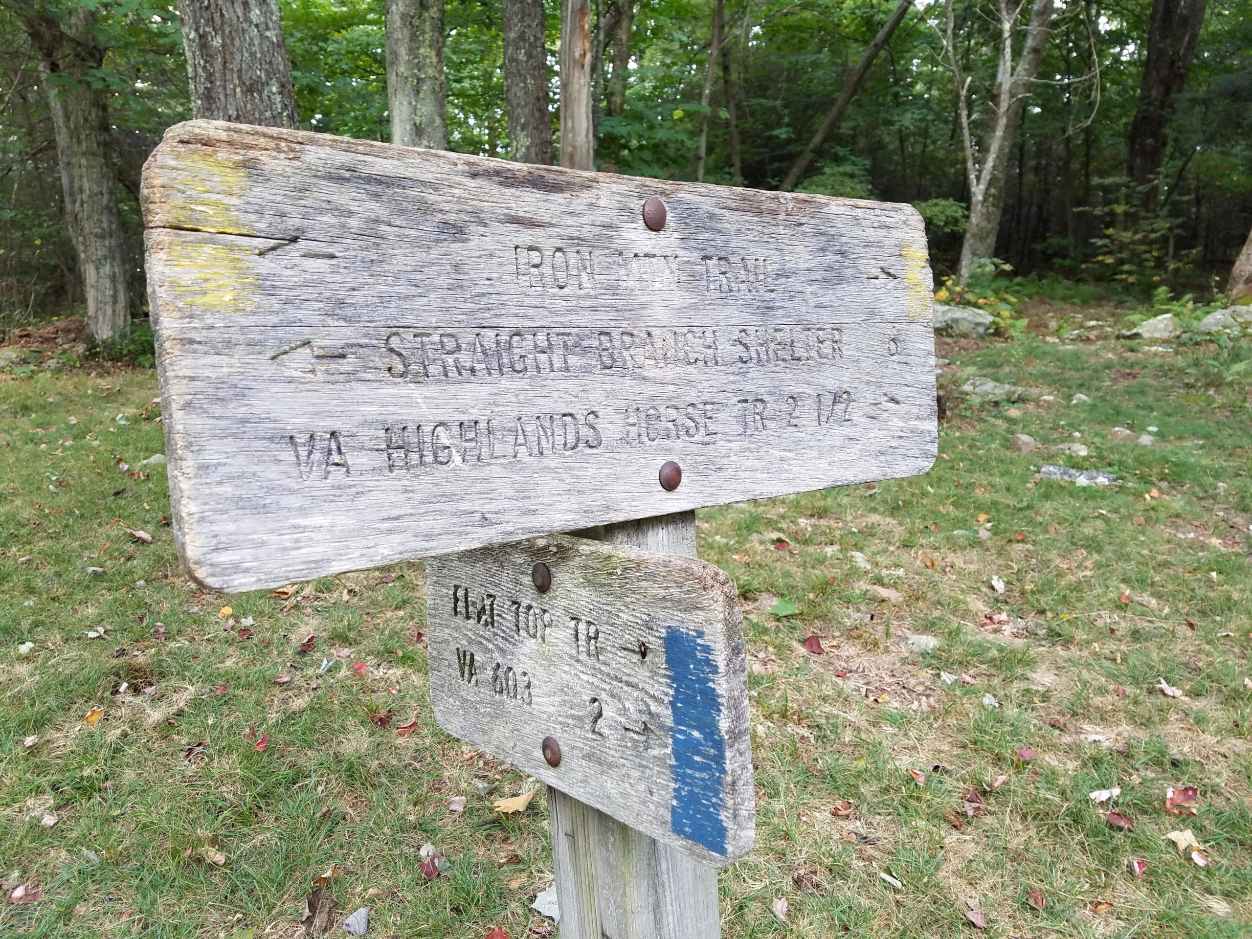 A weathered wooden trail sign directing hikers. The sign indicates various trail routes: "Iron Mt. Tr. W" to the left, "Straight Branch Shelter" at a distance of 6 miles, and "Va. Highlands Horse Tr." at 2.5 miles. The signpost is surrounded by green grass and trees, adding to the natural setting. Iron Mountain mountain bike trail.