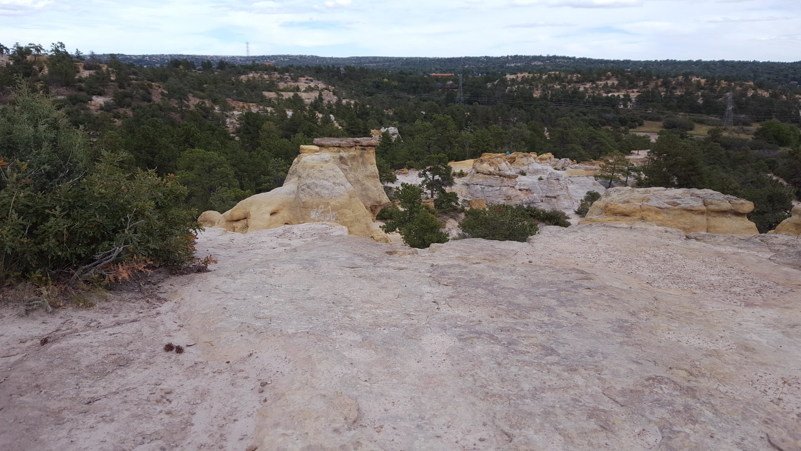 A rocky landscape featuring layered sandstone formations and scattered pine trees, under a cloudy sky. The view showcases a natural amphitheater-like terrain, with rolling hills in the background. Palmer Park mountain bike trail.