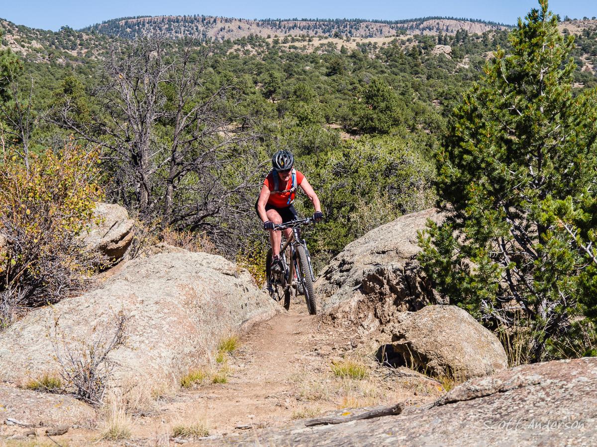 A mountain biker navigating a rocky trail surrounded by greenery and hills on a clear day. Midland Hills Trails mountain bike trail.