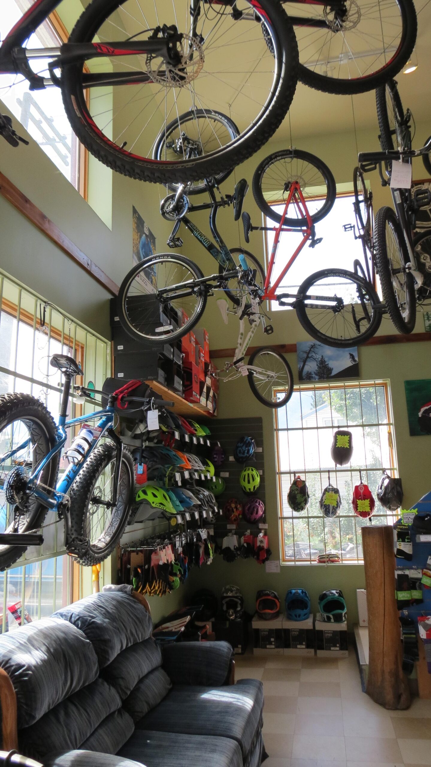 Alt text: An interior view of a bike shop featuring several bicycles hanging from the ceiling and mounted on walls. Various bike helmets in multiple colors are displayed on shelves. A grey couch sits in the foreground, creating a welcoming atmosphere. Natural light streams in through large windows, highlighting the biking gear.