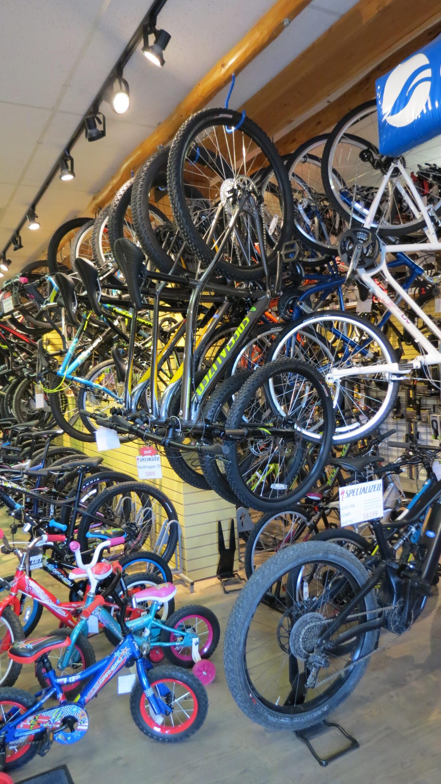 A bicycle shop interior featuring a variety of bikes hanging from the ceiling and displayed on the floor. The wall displays a range of bicycle styles, including mountain bikes and children's bikes in bright colors, with price tags visible. The shop has wooden beams and spotlights illuminating the bicycles.
