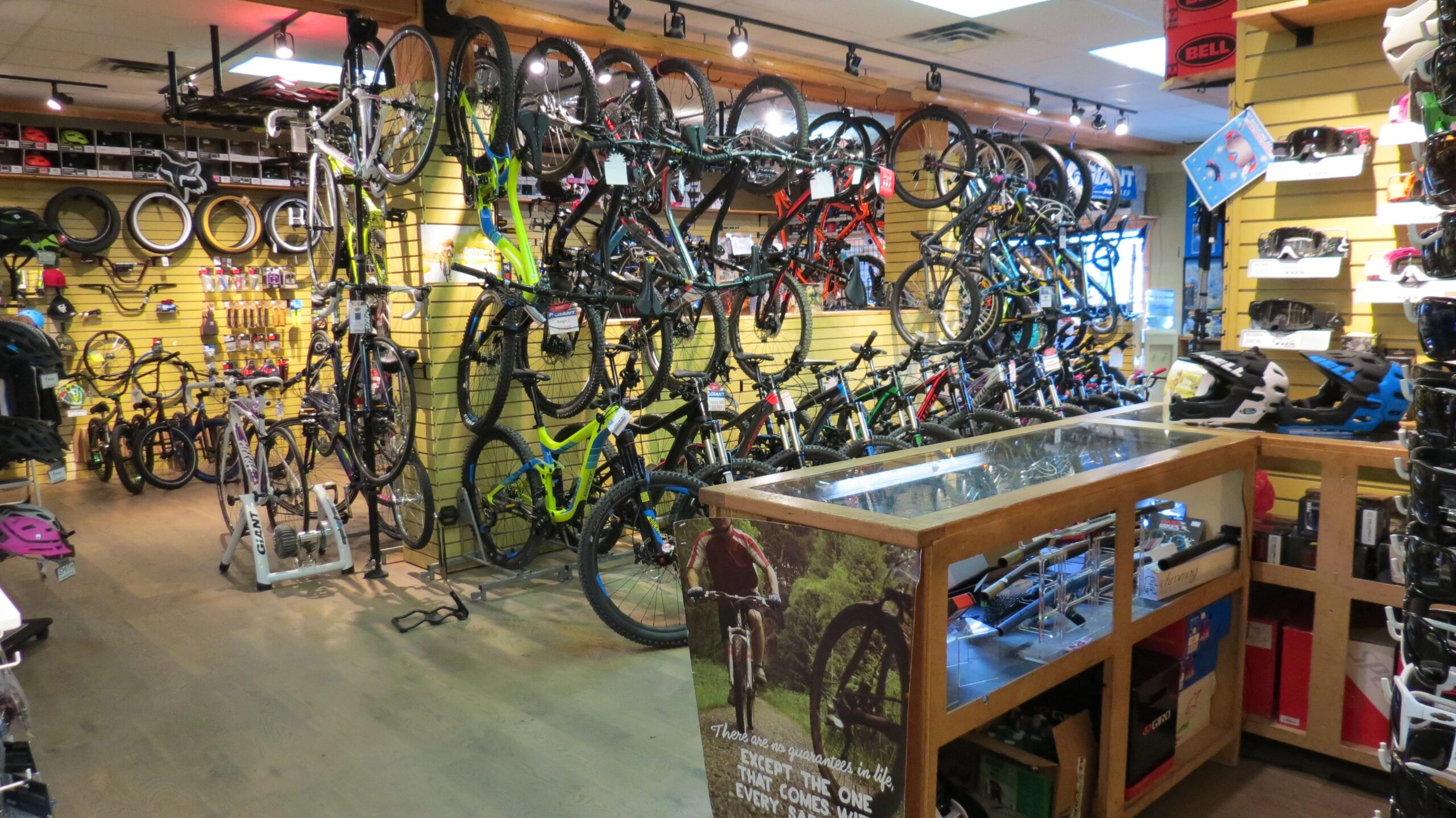 Inside a bicycle shop showcasing a variety of bikes and cycling accessories. The walls are lined with colorful mountain bikes, while a display counter in the foreground highlights helmets and gear. Shelves on the left feature additional cycling accessories such as tires, water bottles, and tools, creating an inviting atmosphere for cycling enthusiasts.