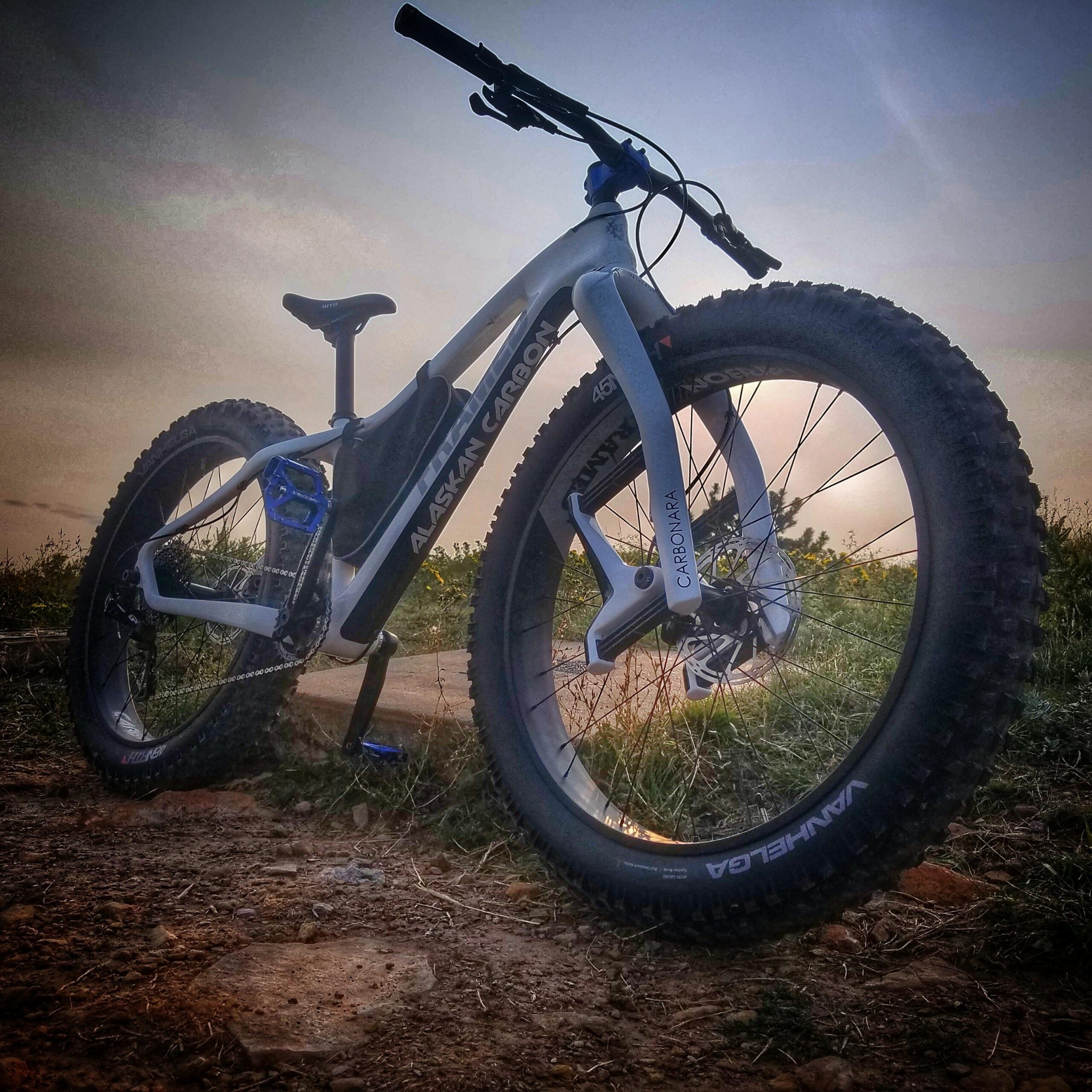 Framed Alaskan Carbon: A close-up of a modern fat tire bicycle positioned on a dirt path surrounded by grass, with a scenic background featuring a gradient sky. The bike has a sleek design, showcasing a white and blue frame, thick tires, and a prominent brand name, "Alaskan Carbon," visible on the side.