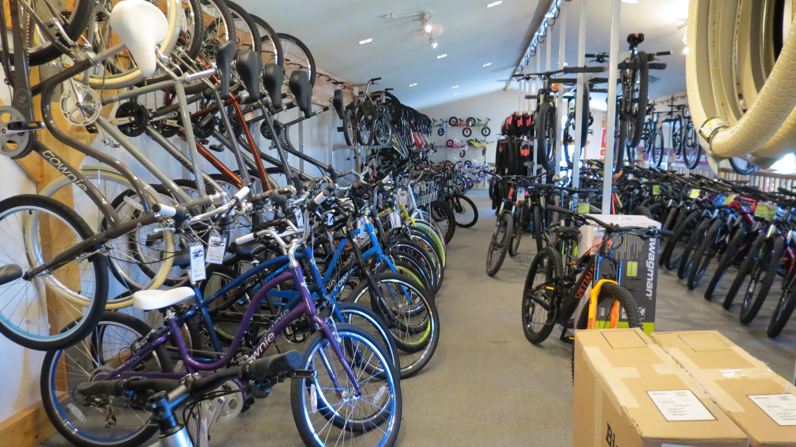 A spacious bicycle retail store interior filled with various models of bikes displayed on racks and stands. Different styles and colors of bicycles are lined up, with a focus on road and mountain bikes. Some bicycles are hanging from the ceiling, while others are positioned on the floor. Cardboard boxes are visible in one section of the store. The lighting is bright, and the overall atmosphere is inviting for customers looking to purchase bikes.