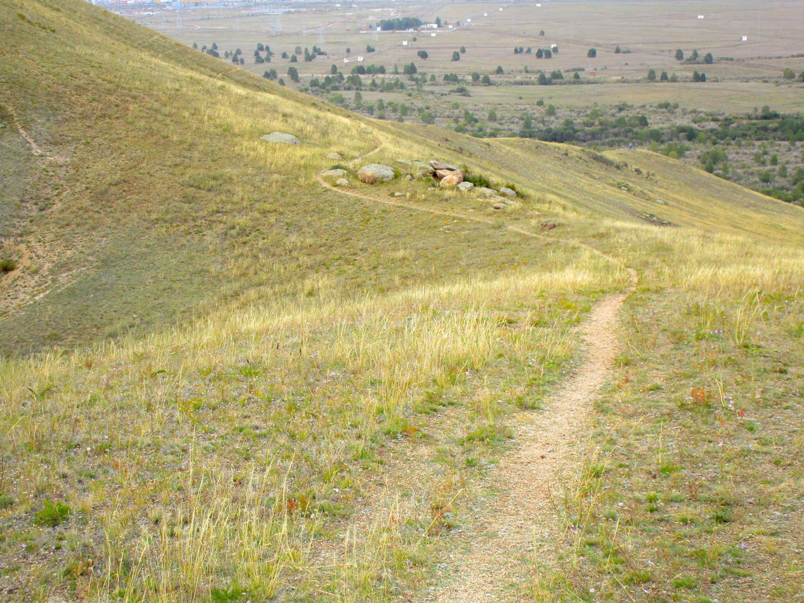 A winding dirt path meanders through a grassy, hilly landscape, with sparse vegetation and a few rocks visible. The scene captures a serene, open area with distant hills and a hint of a valley below. The Beast mountain bike trail.
