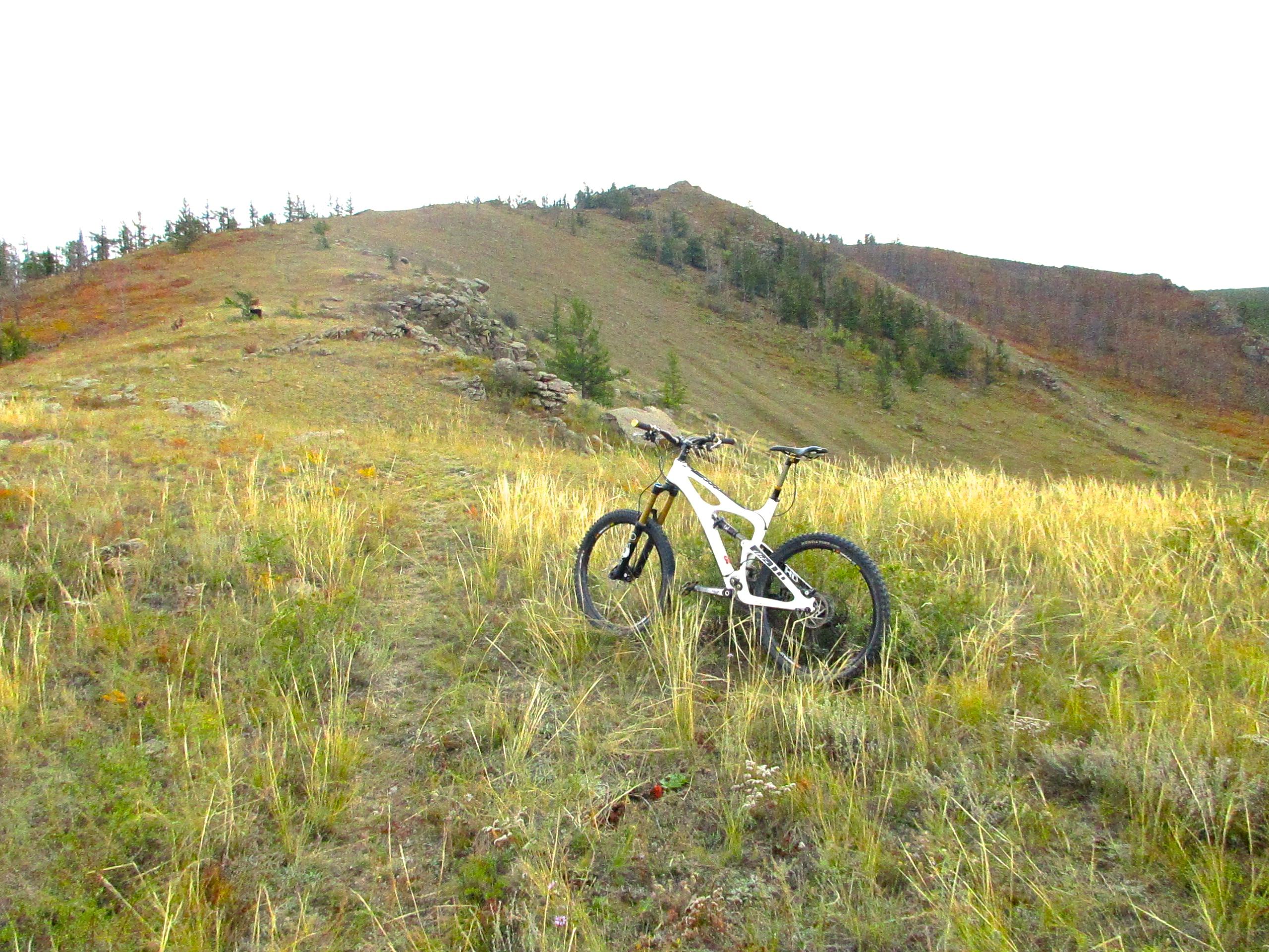 A mountain bike resting on grassy terrain with a hillside in the background, featuring scattered rocks and trees. The scene captures a tranquil outdoor setting, perfect for biking adventures in nature. The Beast mountain bike trail.