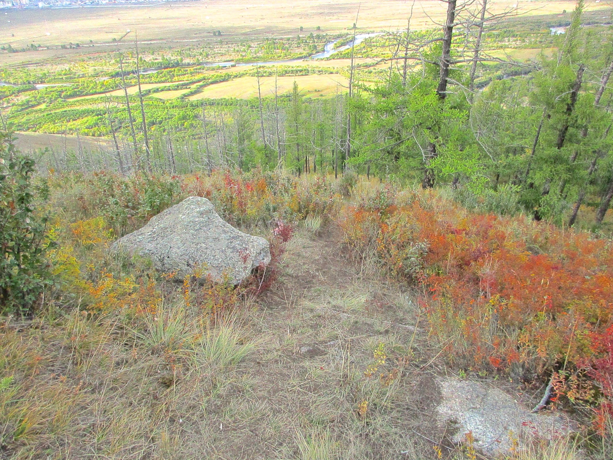 A scenic view from a hillside showing a rocky terrain surrounded by colorful autumn foliage and sparse trees. In the background, rolling hills and a winding river can be seen, with vibrant fields spread out below. The Beast mountain bike trail.