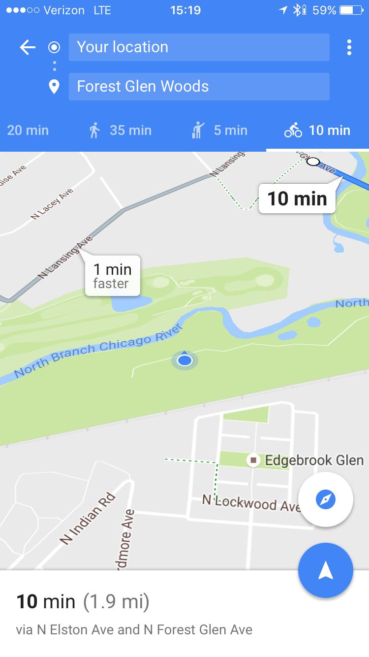 Map showing directions to Forest Glen Woods, indicating a 10-minute travel time by bike (1.9 miles). The map highlights the North Branch Chicago River and surrounding streets, with estimated times for walking and driving as well. Forest Glen Woods mountain bike trail.