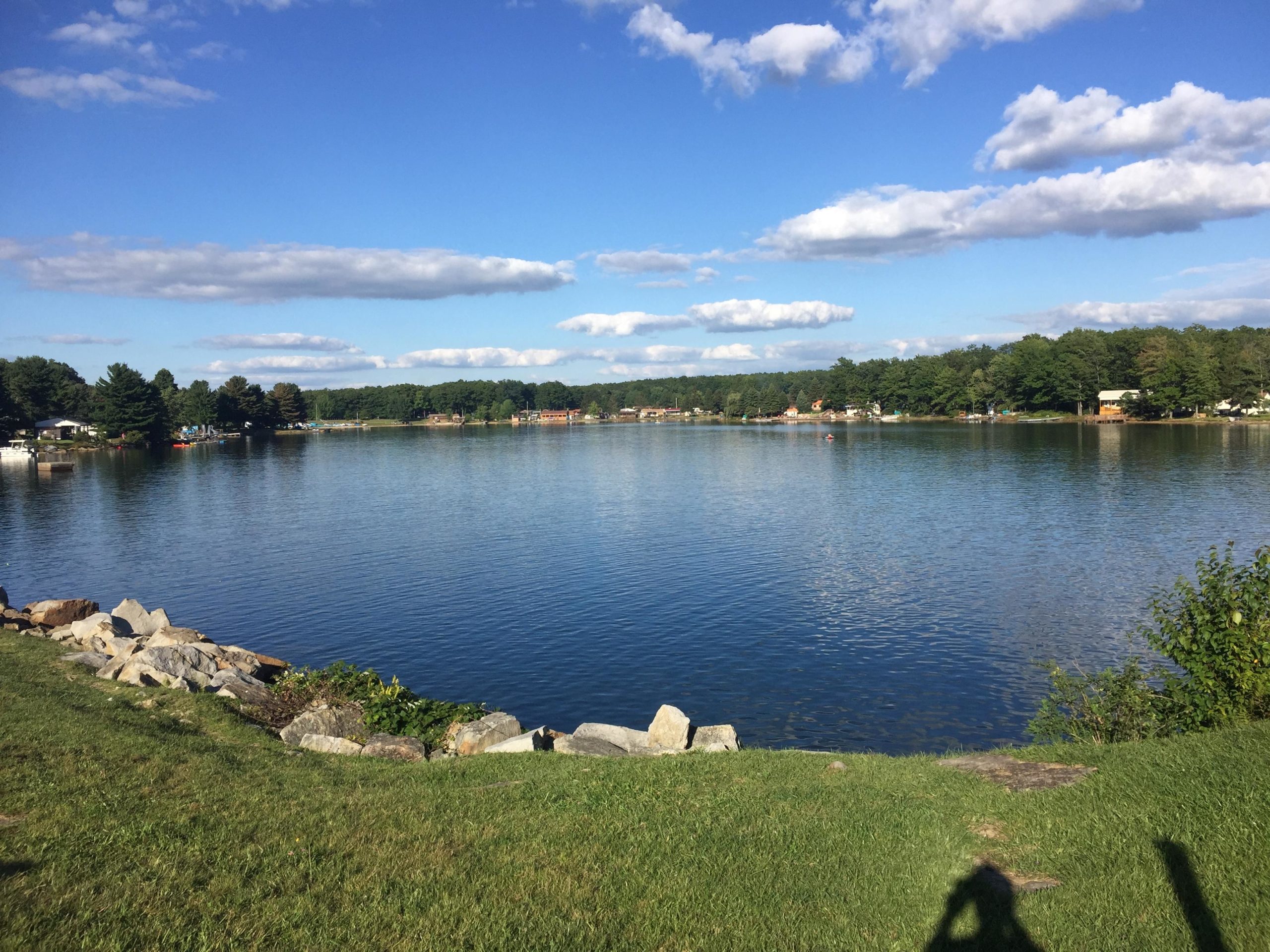Serene view of a lake surrounded by lush greenery and gentle hills, with a clear blue sky dotted with fluffy clouds. The shoreline is lined with rocks and grass, and houses can be seen in the distance, reflecting the peaceful atmosphere of the landscape. Big Bear Lake Trail Center mountain bike trail.